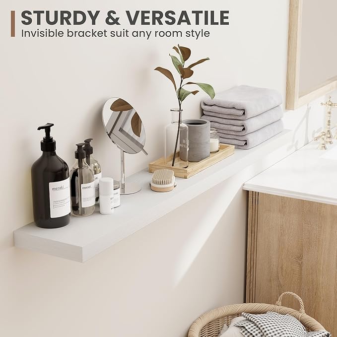 Acovy 36 Inch Floating Shelves, 8 Inch Deep Floating Shelves for Wall, Hanging Shelf with Invisible Brackets, Deep Shelves for Bathroom, Bedroom, Living Room, White, Set of 2