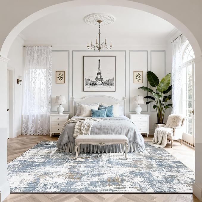 Srugn Washable Rugs 8x10 Area Rugs for Living Room,Modern Abstract Rugs for Bedroom,Large Carpets,Ultra Soft Faux Wool Dining Room Rug,Non Slip Low Pile Print Rug- Blue- (White-Reddish Brown)