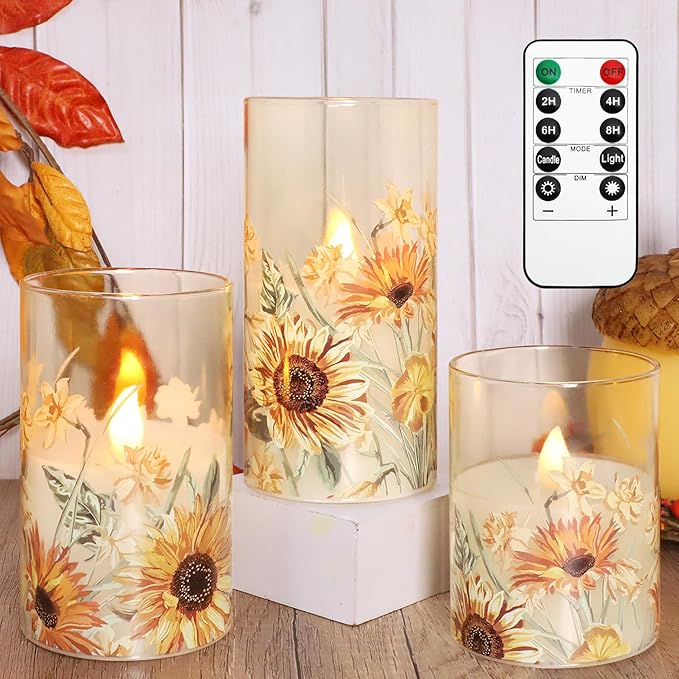 MELTONE Sunflower Flameless Candles Remote Real Wax Flickering Battery Operated Glass Candles - Home Party Bedroom Birthday Christmas Summer Spring Decorations