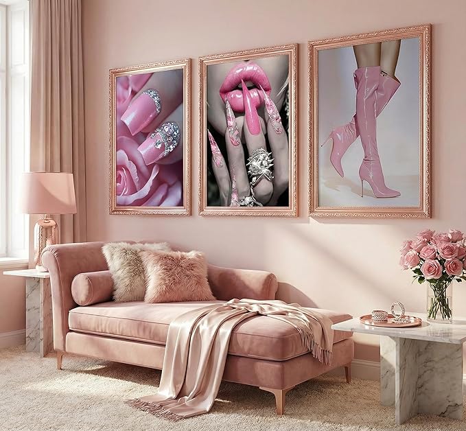 3Pcs Fashion Pink Women Canvas Wall Art Glam Funky Maiden High Heel Posters Prints Paintings Elegant Dreamy Lips Pink Pictures Wall Decor for Living Room Bedroom Home Decoration Unframed