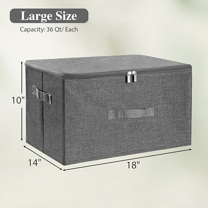 ANMINY 2PCS Storage Bins with Zipper Lids 36 Qt Lidded Fabric Storage Boxes Baskets Cubes with Handles Collapsible Washable Cotton Linen Closet Shelf Clothes Organizer Containers - Gray, Large