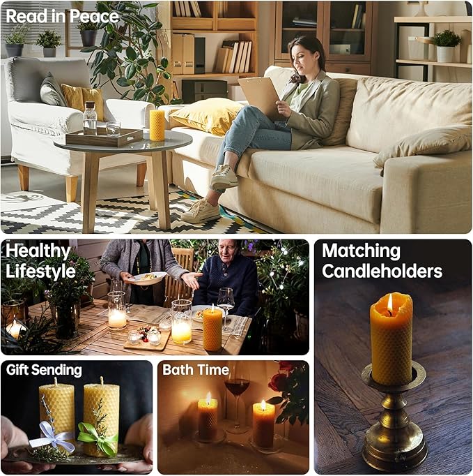 Hand-Rolled Beeswax Candles, 4 Packs, Handcrafted Honeycomb Beeswax Pillar Candles, Natural Bee Farm Gifts for Candle Lovers,Home Decor, Air Purify (2x4 in)
