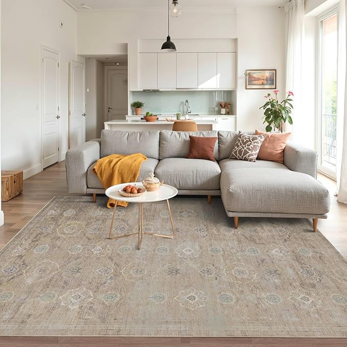 Rugxara 4x6 Rug for Living Room Bedroom, Beige Washable Throw Rugs, Vintage Retro Boho Area Rugs, Non Slip & Low Pile Accent Throw Carpet for Indoor Dining Room, Kids Room and Office(Beige 4x6ft)