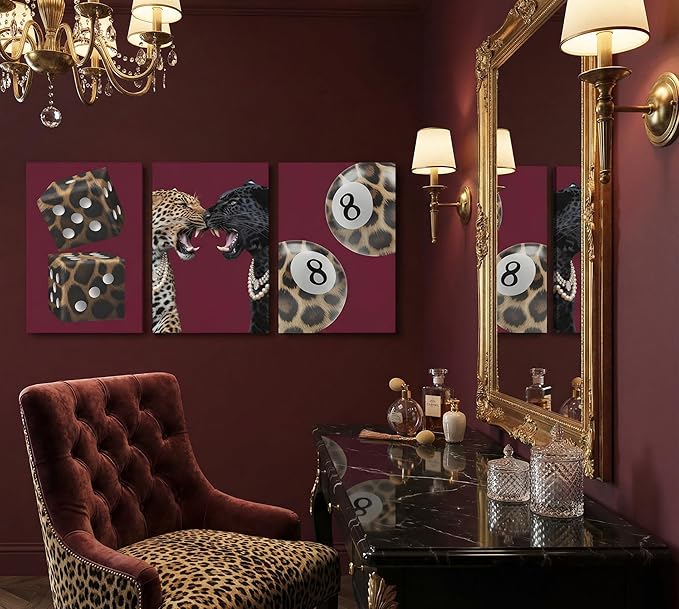 3Pcs Trendy Leopard Canvas Wall Art Funky Lucky 8 Ball Pictures Wall Decor Eclectic Cheetah Preppy Aesthetic Posters Prints Paintings for Bedroom Dorm Living Bathroom Decoration Prepare To Hang