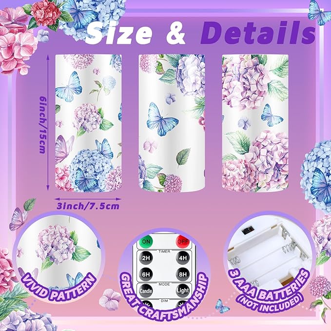 ROCEEI 3 Pcs Spring Flameless Candles Hydrangea Decoration Butterfly LED Candles with Remote Timer Battery Operated Flickering Floral Candle Real Wax Table Centerpiece for Home Easter Wedding Decor