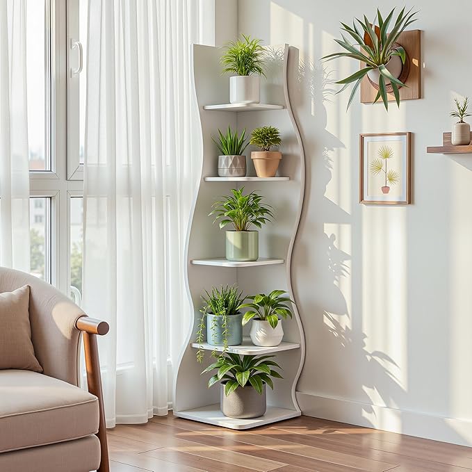 VECELO Wavy Corner Shelf, Decorative 5-Tier Storage Bookshelf, 70.1” Tall Freestanding Display Bookcase for Small Spaces, Living Room or Bedroom, White