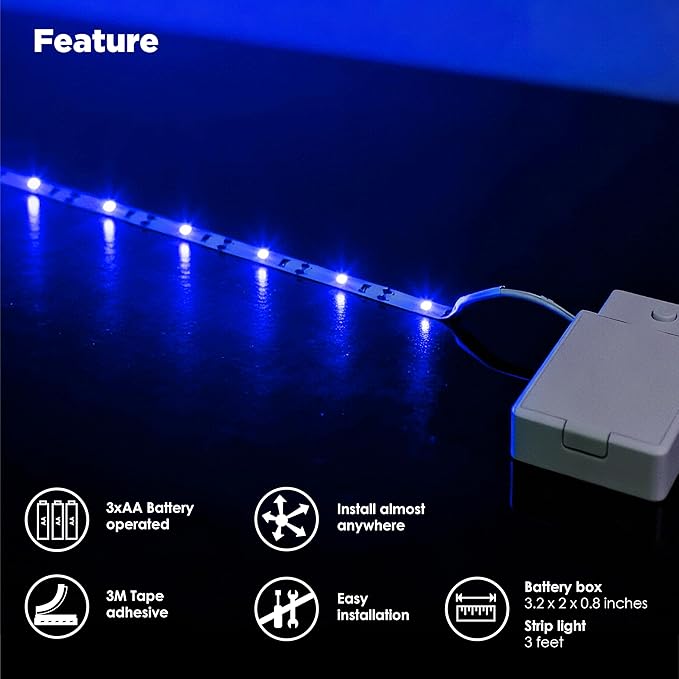 BestLuz Battery Operated LED Strip Lights 2X 3.33ft Flexible Blue LED Light Strip for Bedroom Room Decor, Battery Powered Lighting for Cabinet Shelf Closet TV Backlight