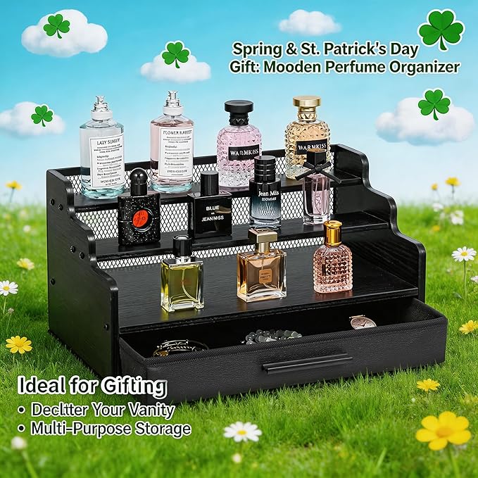 Cologne Stand for Men, 3 Tier Black Wooden Perfume Organizer with Drawer Storage, Perfume Display Shelf for Cologne, Watch, Skincare and Makeup, Perfect Birthday/Christmas Gift for Lovers & Fathers