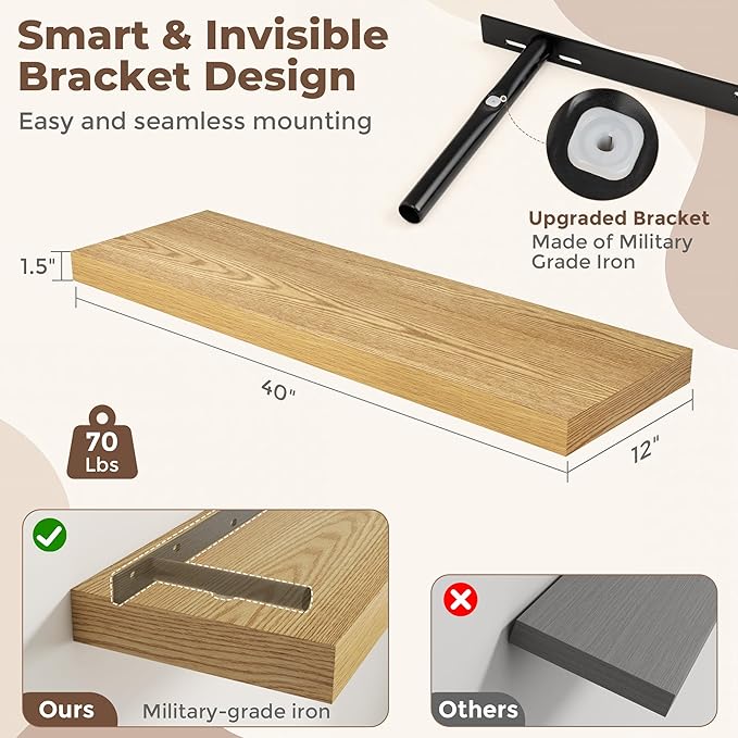 Fun Memories 12 Inch Deep Floating Shelves, 40 x 12 Floating Shelves for Wall Set of 2, Extra Deeper Hanging Wood Wall Shelves for Bedroom, Living Room, Kitchen, Oak