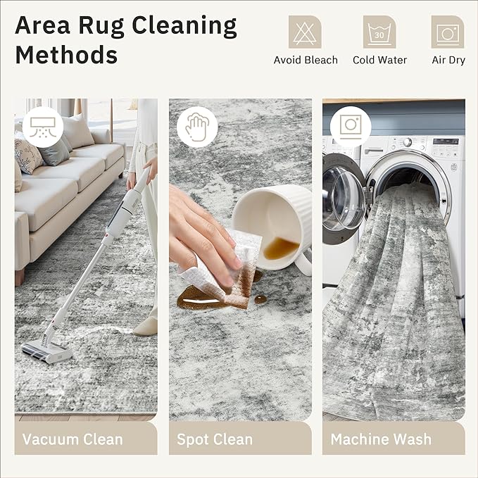 Soalmost Abstract Rug 8x10 Large Living Room Rugs Neutral Modern Washable Area Rugs for Bedroom Dining Room Non-Slip Stain Resistant Foldable Thin Rug Gray White