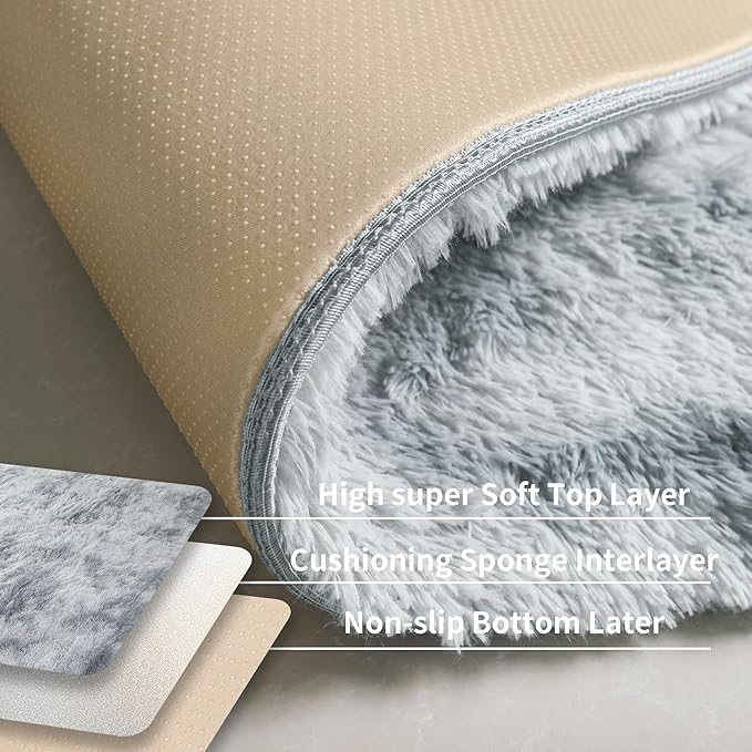 KICHOWUA 3x5 Fluffy Shag Light Grey Rug for Bedroom, Soft Fuzzy Plush Washable Non Slip Carpet, Comfy Shaggy Furry Small Area Rug for Living Room, Kids Baby Boys Girls Nursery Dorm, Tie-Dye Gray