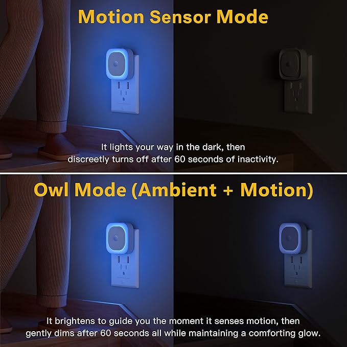 YUNLEX 2 Pack Plug in Night Light with Motion Sensor & Dusk to Dawn Sensor, 3 Sensor Modes, Auto ON/Off, Dimmable, Night Lights Plug into Wall for Bathroom, Kitchen, Adults, Indoor, Light Blue