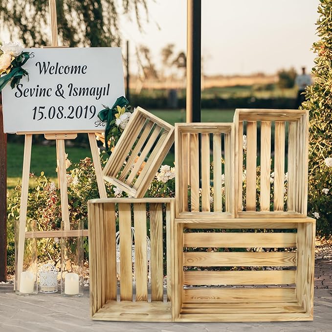 Wooden Crates for Display Large Rustic Nesting Wooden Basket with Handle, Farmhouse Wood Crate for Storage and Container, 5 Size Multipurpose Wood Basket for Fruits Vegetables Boxes XXL