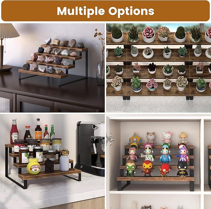 Wood Display Risers, 4 Tier 13.4IN Perfume Organizer Shelf with Metal Legs, Large Wooden Cupcake Stand Holder, Display Shelf Stand for Figures, Party, Makeup, Dessert Shelves for Party, Rustic Brown
