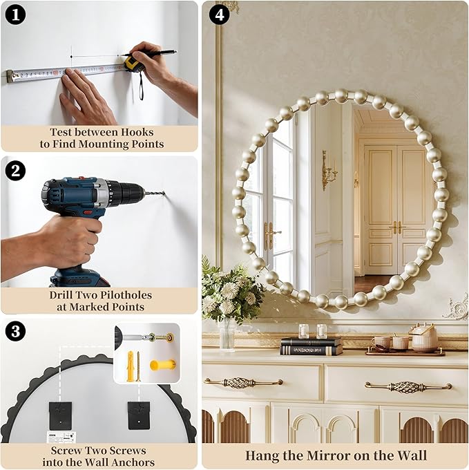 Round Vanity Mirror for Wall, 28 Inch Beaded Frame Circle Mirror for Bedroom Dresser, Bathroom, Entryway, Living Room, Decorative Hanging Wall Mirror, Silver