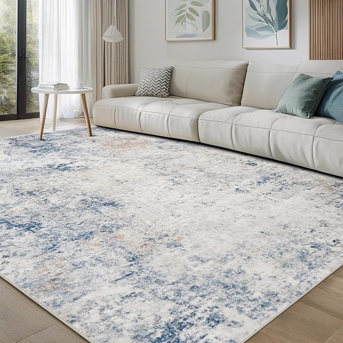 Srugn Washable Rugs 8x10 Area Rugs for Living Room,Modern Abstract Rugs for Bedroom,Large Carpets,Ultra Soft Faux Wool Retro Dining Room Rug,Non Slip&Non-Shedding Low Pile Print Rug- Blue Beige