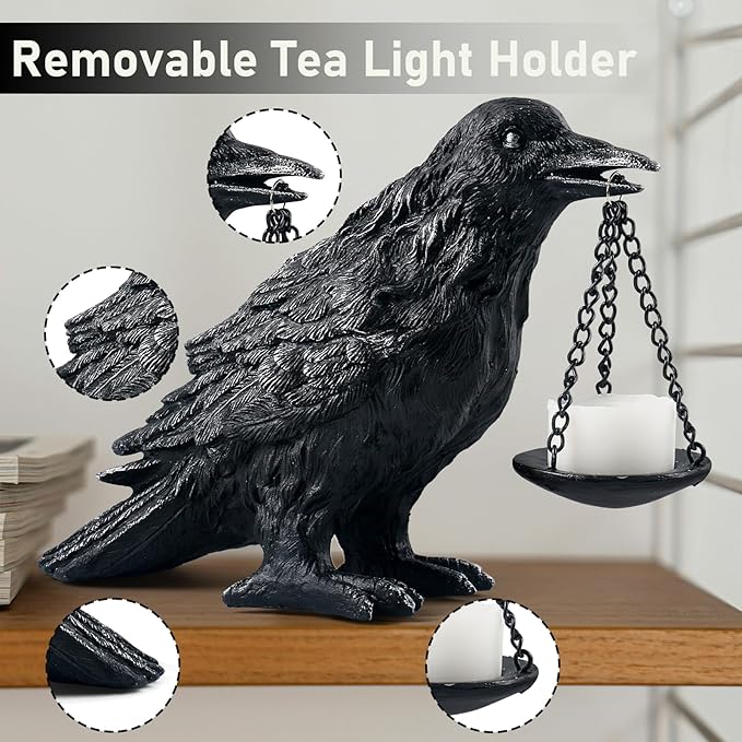 Gothic Crow Lamp with Tealight Candle Holder Resin Raven Decor Statue Gothic Home Decor for Bedroom Unique Goth Gifts Wearing Silver