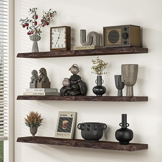 Floating Shelves for Wall, 55"x9.3" Rustic Solid Live-Edge Elm Wood Wall Shelves, Heavy-Duty Floating Shelves with Invisible Brackets, Set of 2 for Living Room, Bedroom, and Kitchen, Walnut Finish