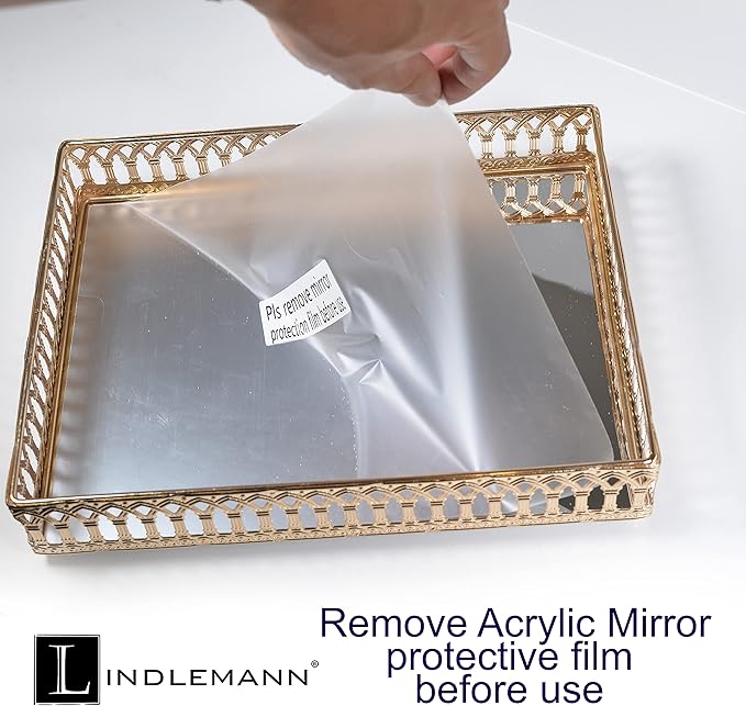 Decorative Tray Mirror Glass Vanity Tray Ornate Makeup Perfume Dresser Jewelry Trinket Organizer for Bathroom Storage & Holiday Home Decor (Rectangle, 12x9in, Gold)