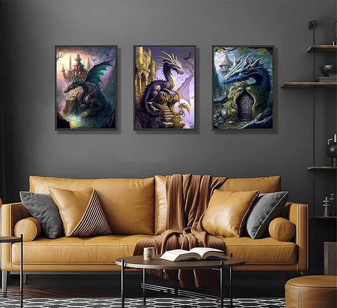 FJKLRP 3pcs Fantasy Dragon Wall Art Castle & Mythical Dragon Design Canvas Prints poster Fantasy Wall Decor with Fantasy Themed Wall Decor for Bedroom Gaming Room Living Room Decoration Unframed