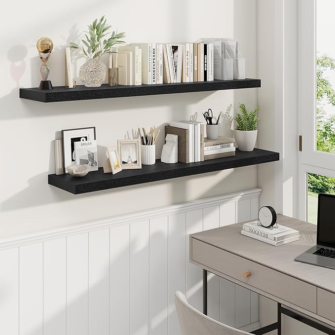Fun Memories 48 Inch Black Floating Shelves, 9.3 Inch Deep Wall Shelves for Living Room|Bedroom|Kitchen, Rusitc Wall Mounted Bathroom Shelves 2 Pack, Heavy-Duty Deep Shelf for Books，Decor
