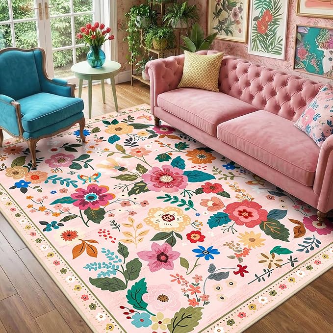 RELEANY Floral Nursery 5x8 Area Rugs Washable Print Boho Cute Carpet Non Slip Flower Low Pile for Living Room Kids Girls Playroom Bedroom Kitchen Office Farmhouse-Pink