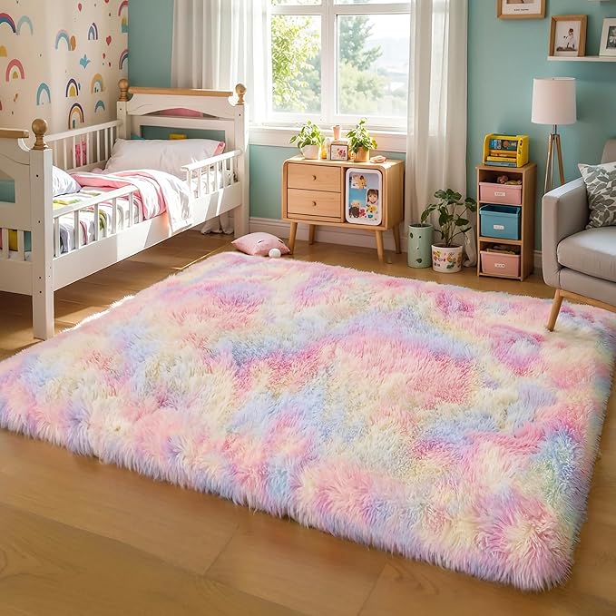 KICHOWUA Thick Area Rug 6x9 Unicorn Fluffy Shag for Girls Bedroom Living Room, Rainbow Soft Plush Fuzzy Washable Thickened Non-Slip Shaggy Pastel Large Carpet for Princess Kids Nursery Boys Dorm Room
