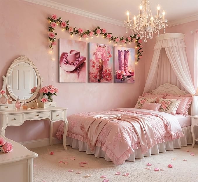3Pcs Pink Cowgirl Canvas Wall Art Funky Cowgirl Boots Pictures Wall Decor Western Flower Boots Hat Aesthetic Posters Prints Paintings for Preppy Room Bedroom Apartment Decoration Prepare to hang