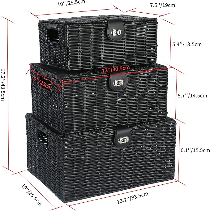 Honygebia Black Wicker Storage Baskets - Set of 3 Decorative Nesting Boxes with Lids, Woven Basket with Lock & Handle, Organizer for Beauty Makeup Bathroom Decor
