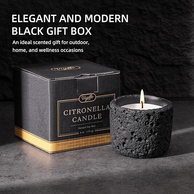 Viyffo 6oz Citronella Candle Outdoor, Small Citronella Candle Indoor, Candles for Home Scented, Non Toxic Soy, Black Ceramic Jar for Patio, Backyard Décor & Camping Gift (12+ Hours Burn)