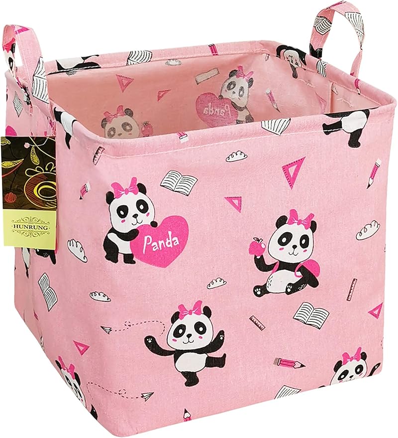 HUNRUNG Square Storage Bins Nursery Hamper Canvas Laundry Basket Foldable with Waterproof Nursery Boxes for Shelves/Gift Baskets/Toy Organizer/Office, Bedroom (Square-Pink-Book Panda)