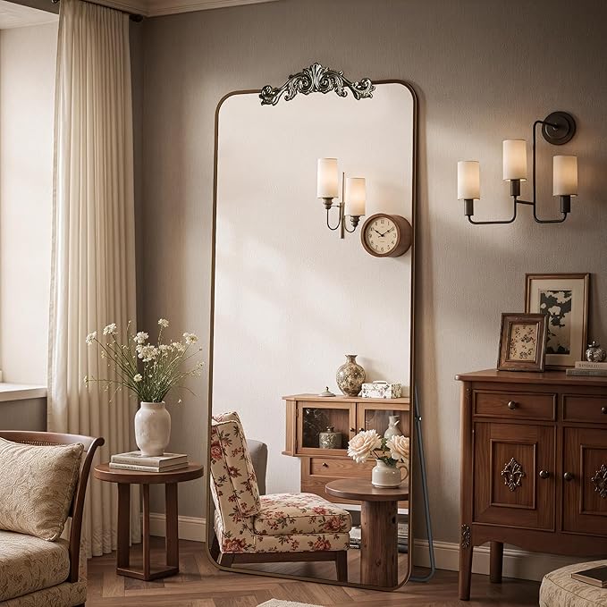 Vintage Full Length Mirror, 71"x28" Floor Mirror with Carved, Full Body Mirrors for Home Decor, Standing/Hanging Large Wall Mirrors for Bedroom/Living Room/Entryway, Bronze, Retro Style