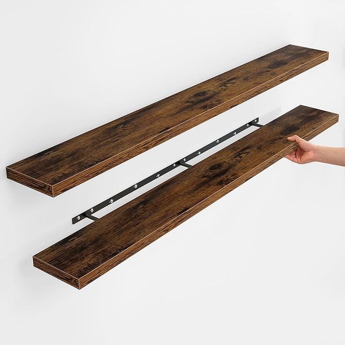 Fun Memories Floating Shelves for Wall, Rustic Wood Wall Mounted Shelves for Bathroom, Bedroom, Living Room and Kitchen, Storage & Home Decor (Set of 2, Brown, 66 in)