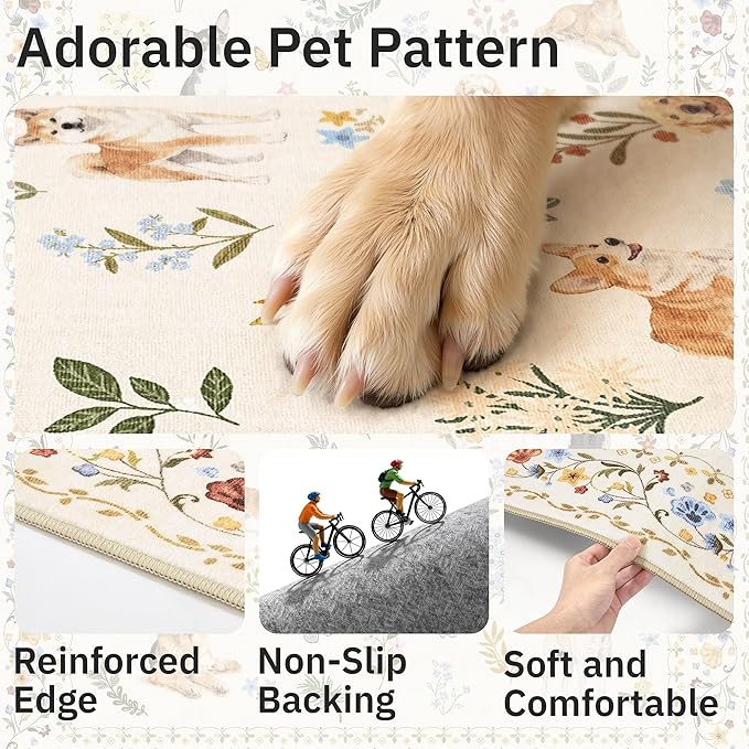 Soalmost Dog 6x9 Area Rugs for Living Room, Machine Washable Animal Floral Vintage Rug Non-Slip Low Pile Soft Throw Rugs for Bedroom Dining Room Kitchen Nursery Playroom (6 x 9,Beige)
