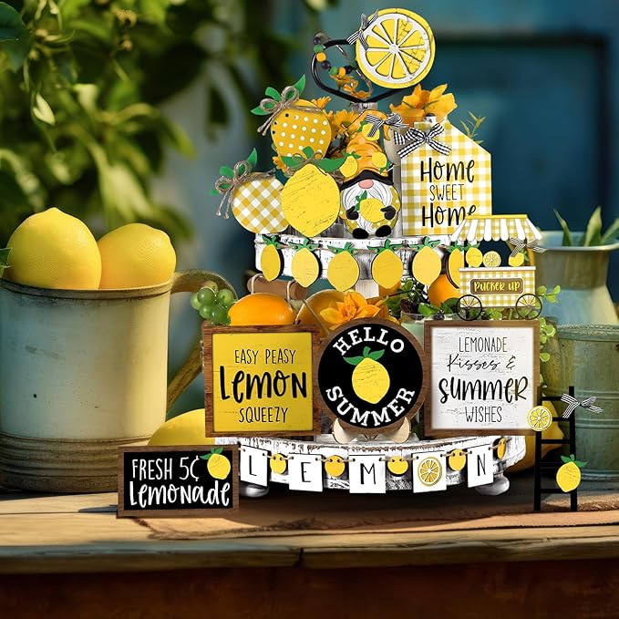 Bucherry 19 Pcs Summer Lemon Tiered Tray Decor Set Farmhouse Wood Summer Table Decorations Rustic Wooden Table Signs Tiered Tray Decor for Home Kitchen Shelf Tabletop