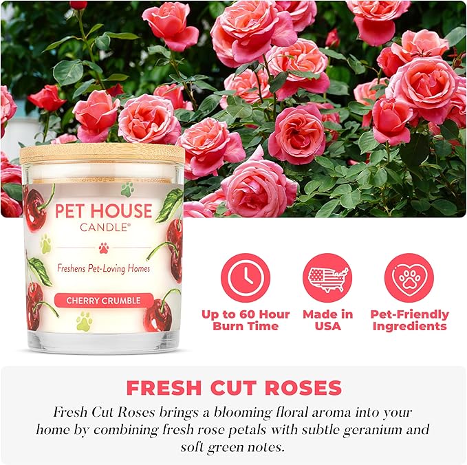 Pet House Candles, Clean Long-Burning, Scented Pet Friendly Candles, Plant-Based, 60 Hour Burn Time - Fresh Cut Roses, 9 oz