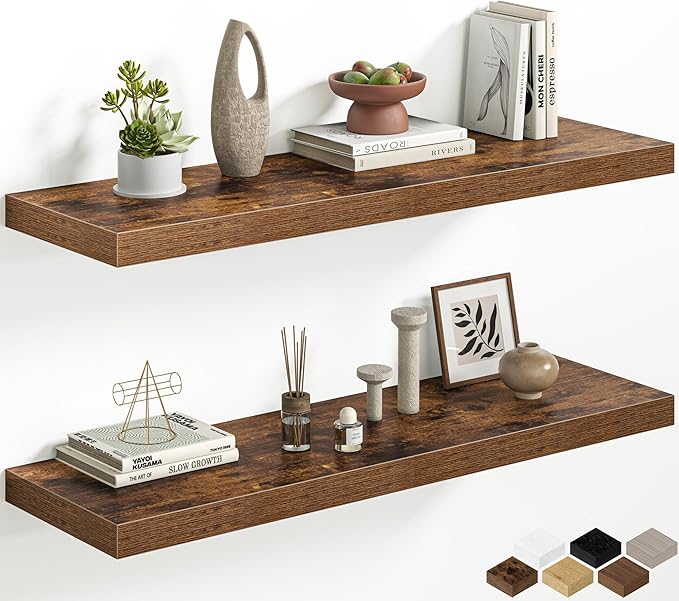 40 Inch Floating Shelves, 12 Inch Deep Wall Shelves, 40 x 12 Floating Shelf Set of 2, Rustic Brown Wood Floating Shelf Wall Mounted, Large Kitchen Living Room Bedroom Bathroom Storage Shelves