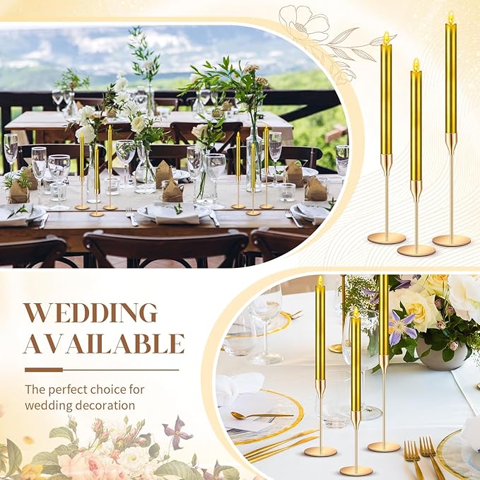 FillTouch 30 Pcs Gold Candlestick Holders with Flameless LED Candles Bulk Includes 15 Metal Candle Holders and 15 Battery Operated Gold Candles for Wedding Table Centerpieces Home Decor