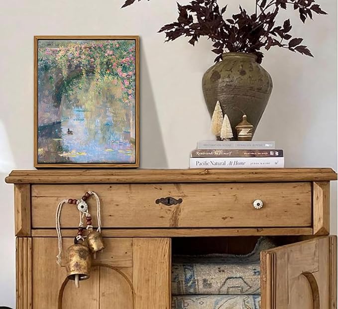 Framed Canvas Wall Art Vintage Country Wall Decor Impressionist Floral Pastel Oil Paintings Vintage Duck Water Print Rustic Bridge Nature Picture for Bathroom Bedroom Kitchen Living Room Farmhouse