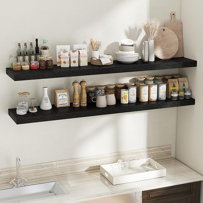 Fun Memories 12 Inch Deep Floating Shelves, 67 Inch Long Extra Large Floating Shelves for Home & Office, Wall Shelves with Invisible Bracket, Black, Set of 2