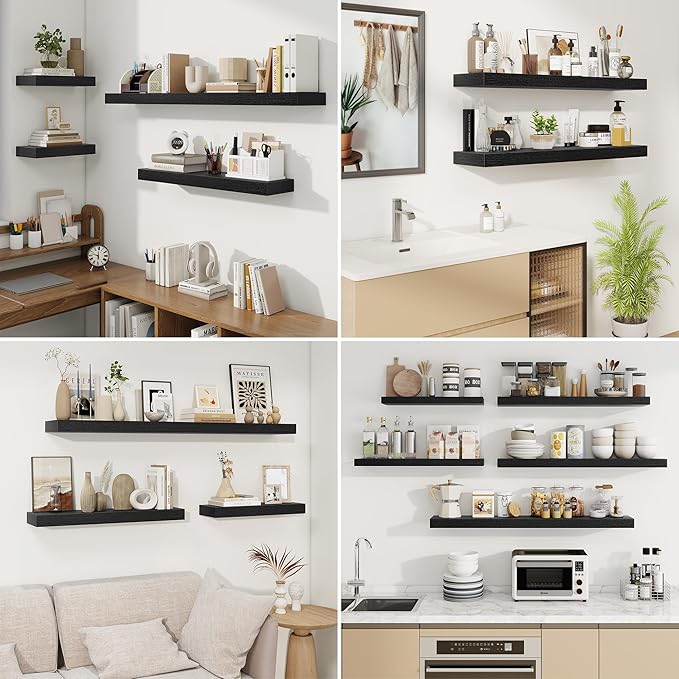 fuqing Floating Shelves for Wall, Wall Mounted Wood Floating Shelf with Invisible Brackets for Living Room, Bathroom, Bedroom, Kitchen Storage and Decor, 20 Inch Set of 2, Black
