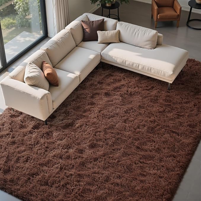 FinRèc 9x12 Rugs for Living Room Bedroom, Dark Brown Fluffy Shaggy Area Rug, Non-Slip Soft Shag Rug for Nursery Kids Room Dorm Room Home Decor, Indoor Plush Floor Carpet