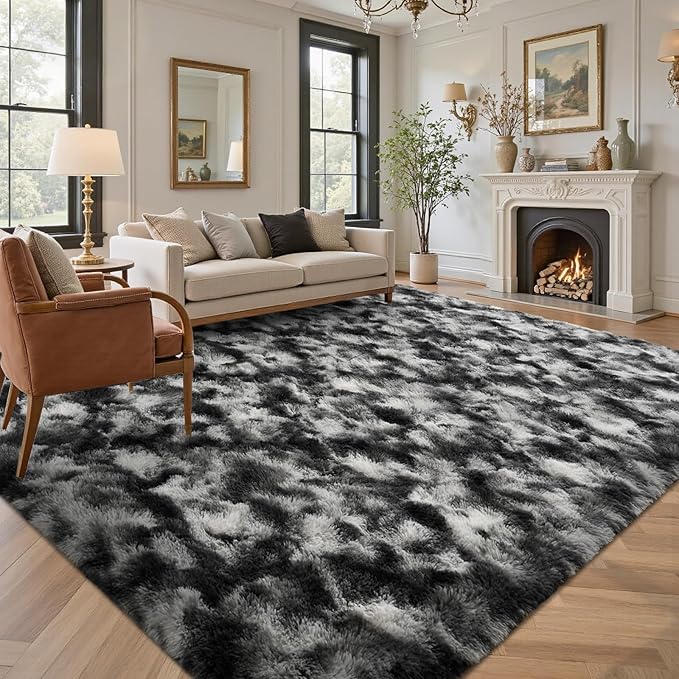 Area Rugs for Living Room 8x10Ft, Soft Fluffy Shagg Plush Bedroom Rug Non-Slip,Large Carpet for Nursery Kids Dorm Home Decor, Black