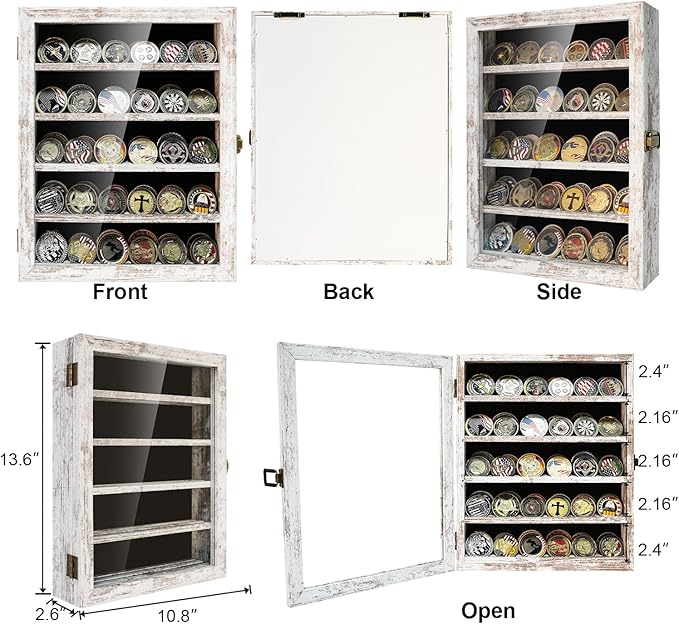 Military Challenge Coin Display Case Holder with HD Toughened Glass and Wall Mount, Wooden Coin Stand Rack with Removable 2 Grooves Shelves, Rustic White…