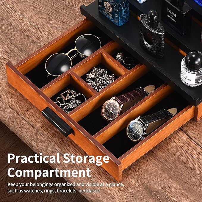 Perfume Organizer for Men, 4 Tier Wood Perfume Display Stand with Velvet Lining Drawer and Hidden Compartment for Watch,Jewelry,Perfume Display Risers,A Gift for Men (Black+Walnut)