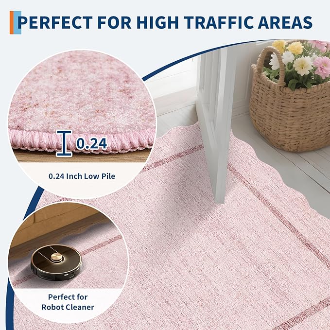 GarveeHome Scalloped Washable Area Rugs 8x10 Rugs for Living Room Modern Bedroom Rug Large Area Rug Non Slip Throw Rugs Soft Low Pile Stain Resistant Carpet for Classroom Dining Room 8'x10' Pink