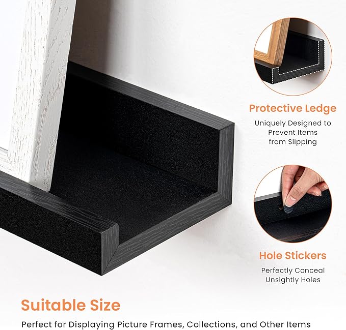 RICHFOCUS Picture Ledge Shelf, 40 inch Floating Shelves Set of 2, Wood Wall Shelves with Lip, Wall Decor Storage for Bedroom Living Room Bathroom Kitchen Nursery Photo Picture, Black