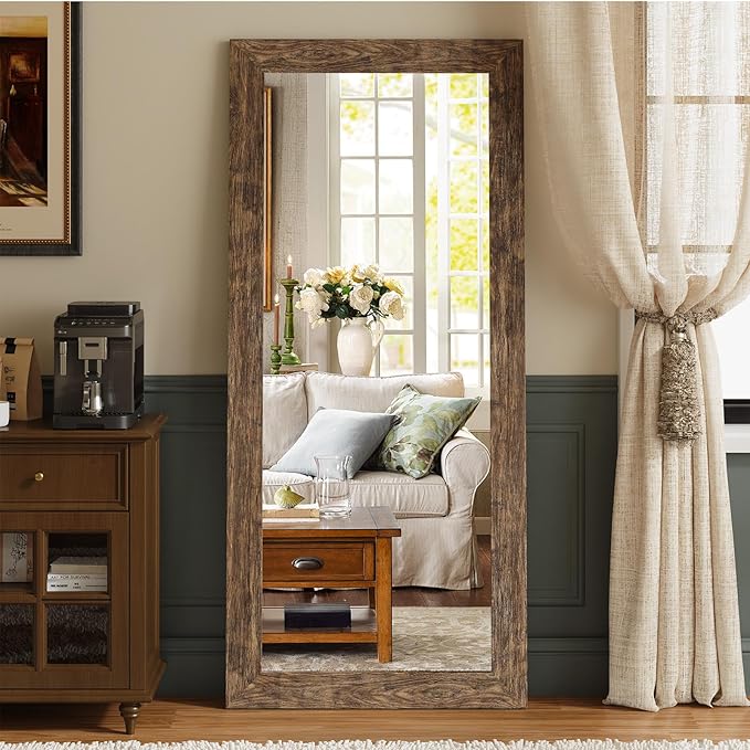 Syndra Modern Full Length Mirror Wood Frame, 65x24'' Large Floor Mirror with HD Tempered Glass & Wall Mount Option, Rectangular Standing Mirror for Bedroom, Living Room, Entryway, Farmhouse(Walnut)
