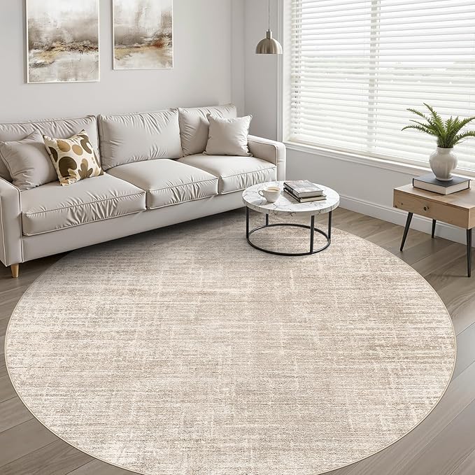 8ft Round Rug Living Room: 8x8 Washable Large Neutral Beige Circle Area Rug Abstract Soft Modern Stain Resistant Indoor Floor Non-Slip Carpet for Bedroom Nursery Kids Office Playroom Dining Room