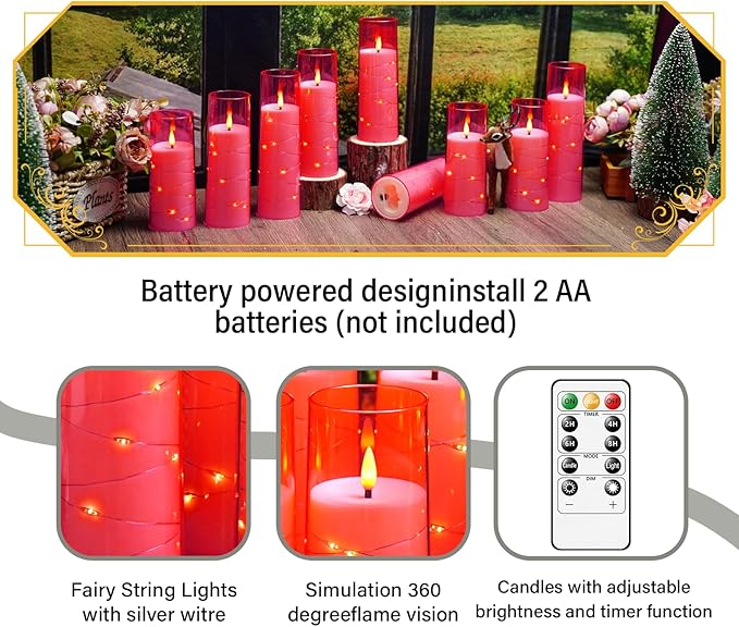 Eebuss Flameless Candles with Embedded Star String, Battery Operated LED Pillar Candles with Timer and Remote Control,Home Decorating for Ambiance， Set of 7 (Pink)